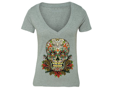 XtraFly Apparel Women's Sugar Skull Tree Ugly Christmas V-neck Short Sleeve T-shirt