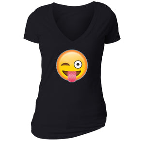 XtraFly Apparel Women's Emoji Wink Tongue Novelty Gag V-neck Short Sleeve T-shirt