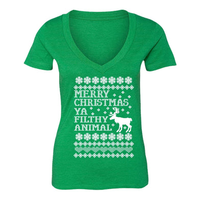 XtraFly Apparel Women's Ya Filthy Animal Ugly Christmas V-neck Short Sleeve T-shirt