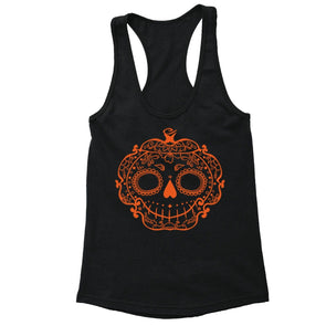 XtraFly Apparel Women's Spooky Sugarskull Halloween Pumpkin Racer-back Tank-Top