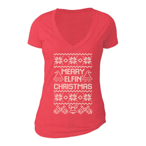 XtraFly Apparel Women's Merry Elfin Xmas Elf Ugly Christmas V-neck Short Sleeve T-shirt