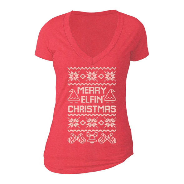 XtraFly Apparel Women's Merry Elfin Xmas Elf Ugly Christmas V-neck Short Sleeve T-shirt