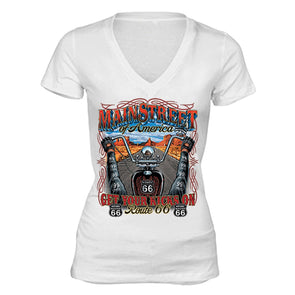 XtraFly Apparel Women's Get Your Kicks On Route 66 Biker Motorcycle V-neck Short Sleeve T-shirt