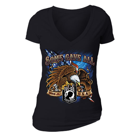 XtraFly Apparel Women's Some Gave All Eagle Military Pow Mia V-neck Short Sleeve T-shirt