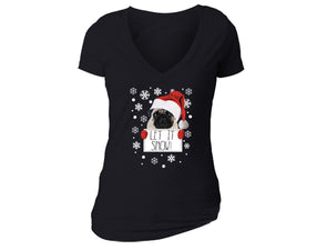 XtraFly Apparel Women's Let It Snow Pug Ugly Christmas V-neck Short Sleeve T-shirt