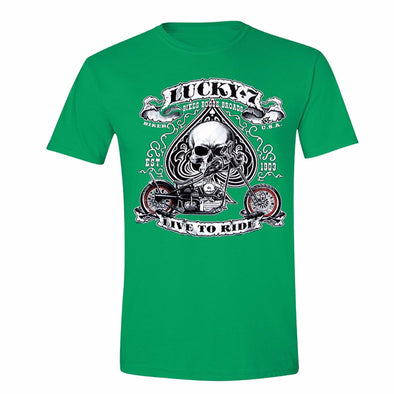 XtraFly Apparel Men's Lucky 7 Skull Live to Ride Biker Motorcycle Crewneck Short Sleeve T-shirt