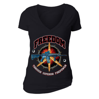 XtraFly Apparel Women's Freedom Firepower Rifle 2nd Amendment V-neck Short Sleeve T-shirt