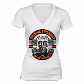 XtraFly Apparel Women's Route 66 America's Highway Biker Motorcycle V-neck Short Sleeve T-shirt