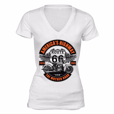 XtraFly Apparel Women's Route 66 America's Highway Biker Motorcycle V-neck Short Sleeve T-shirt