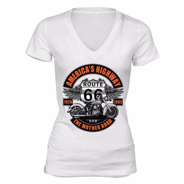 XtraFly Apparel Women's Route 66 America's Highway Biker Motorcycle V-neck Short Sleeve T-shirt