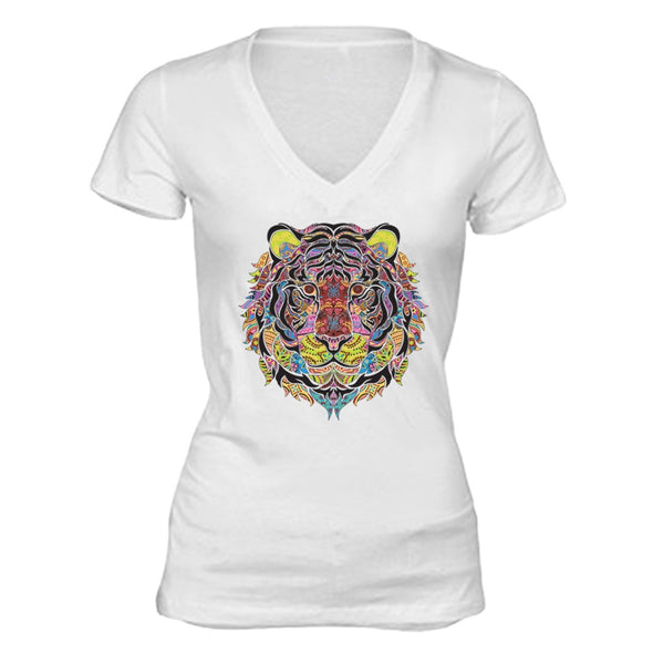 XtraFly Apparel Women's Tiger Pink Tribal Animal V-neck Short Sleeve T-shirt