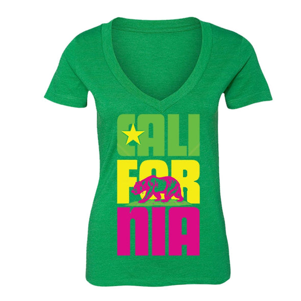 XtraFly Apparel Women's Stacked Cali Neon Bear California Pride V-neck Short Sleeve T-shirt