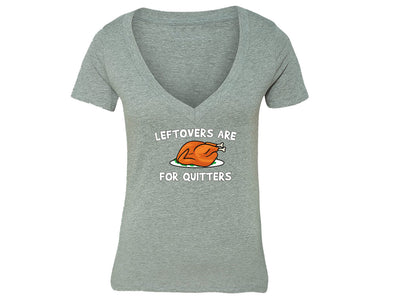 XtraFly Apparel Women's Leftovers Quitters Gobble Thanksgiving V-neck Short Sleeve T-shirt