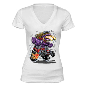 XtraFly Apparel Women's Purple Monster Hot Rod Car Truck Garage V-neck Short Sleeve T-shirt