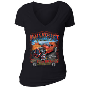 XtraFly Apparel Women's Main Street Route 66 Car Truck Garage V-neck Short Sleeve T-shirt