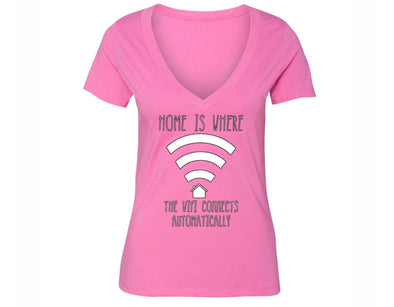 XtraFly Apparel Women's Home is Where the WIFI Novelty Gag V-neck Short Sleeve T-shirt