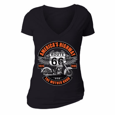 XtraFly Apparel Women's Route 66 America's Highway Biker Motorcycle V-neck Short Sleeve T-shirt