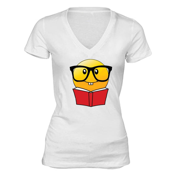 XtraFly Apparel Women's Emoji Nerd Bookworm Novelty Gag V-neck Short Sleeve T-shirt