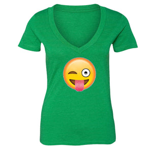 XtraFly Apparel Women's Emoji Wink Tongue Novelty Gag V-neck Short Sleeve T-shirt