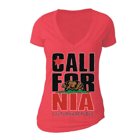 XtraFly Apparel Women's Stacked Cali Bear California Pride V-neck Short Sleeve T-shirt