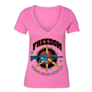 XtraFly Apparel Women's Freedom Firepower Rifle 2nd Amendment V-neck Short Sleeve T-shirt