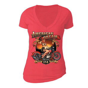 XtraFly Apparel Women's American Dream Milwauke Biker Motorcycle V-neck Short Sleeve T-shirt