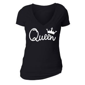 XtraFly Apparel Women's Queen White Crown Matching Couples V-neck Short Sleeve T-shirt