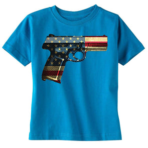 XtraFly Apparel Boys Gun Pistol Flag American Pride Crewneck Short Sleeve T-shirt