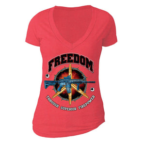 XtraFly Apparel Women's Freedom Firepower Rifle 2nd Amendment V-neck Short Sleeve T-shirt