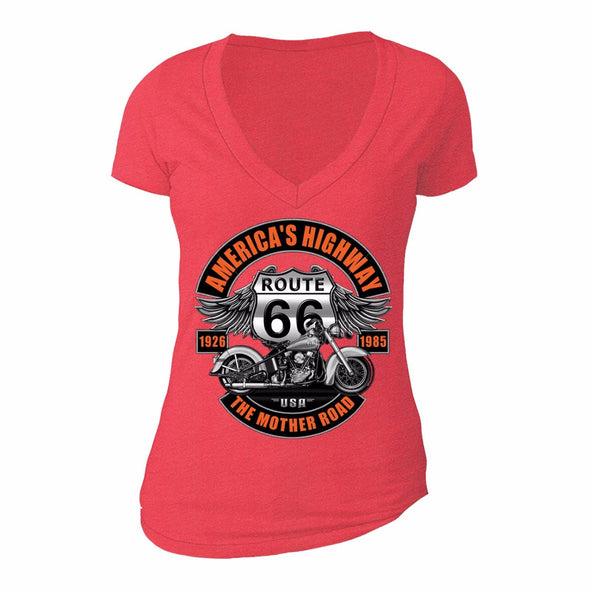 XtraFly Apparel Women's Route 66 America's Highway Biker Motorcycle V-neck Short Sleeve T-shirt