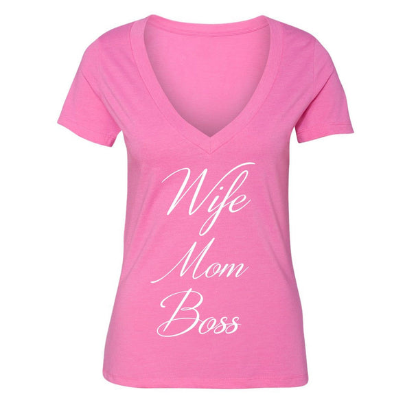 XtraFly Apparel Women's Wife Mom Boss Mother's Day V-neck Short Sleeve T-shirt