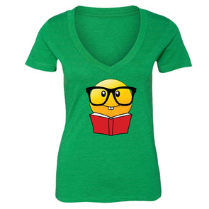 XtraFly Apparel Women's Emoji Nerd Bookworm Novelty Gag V-neck Short Sleeve T-shirt