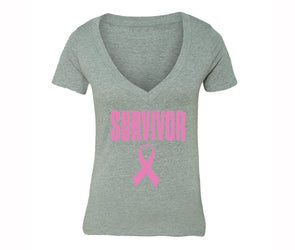 XtraFly Apparel Women's Survivor Pink Breast Cancer Ribbon V-neck Short Sleeve T-shirt