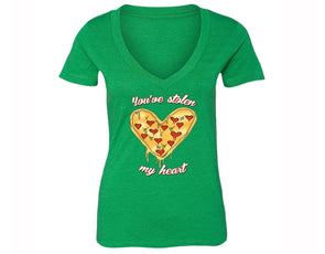 XtraFly Apparel Women's You've Stolen My Heart Pizza Novelty Gag V-neck Short Sleeve T-shirt