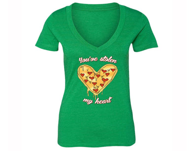 XtraFly Apparel Women's You've Stolen My Heart Pizza Novelty Gag V-neck Short Sleeve T-shirt