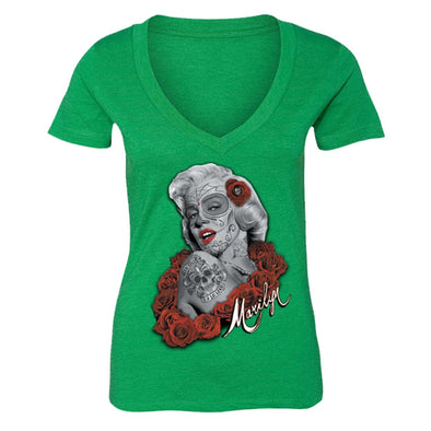 XtraFly Apparel Women's Dead Dia Los Muertos Marilyn Monroe V-neck Short Sleeve T-shirt