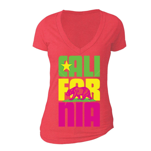 XtraFly Apparel Women's Stacked Cali Neon Bear California Pride V-neck Short Sleeve T-shirt