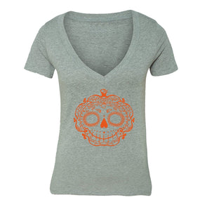 XtraFly Apparel Women's Spooky Sugarskull Halloween Pumpkin V-neck Short Sleeve T-shirt