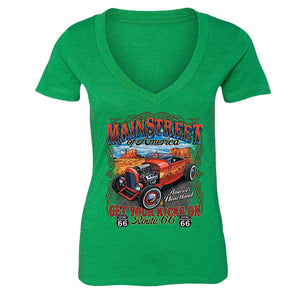 XtraFly Apparel Women's Main Street Route 66 Car Truck Garage V-neck Short Sleeve T-shirt