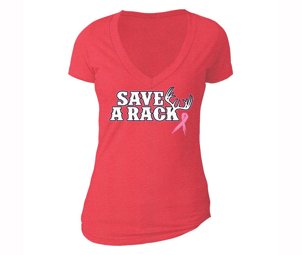 XtraFly Apparel Women's Save A Rack Antlers Breast Cancer Ribbon V-neck Short Sleeve T-shirt