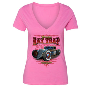 XtraFly Apparel Women's Genuine Rat Trap American Car Truck Garage V-neck Short Sleeve T-shirt