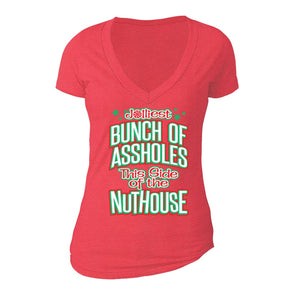 XtraFly Apparel Women's Jolliest Bunch Nuthouse Ugly Christmas V-neck Short Sleeve T-shirt