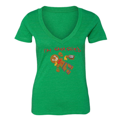 XtraFly Apparel Women's Gingerbread I'm Smashed Ugly Christmas V-neck Short Sleeve T-shirt