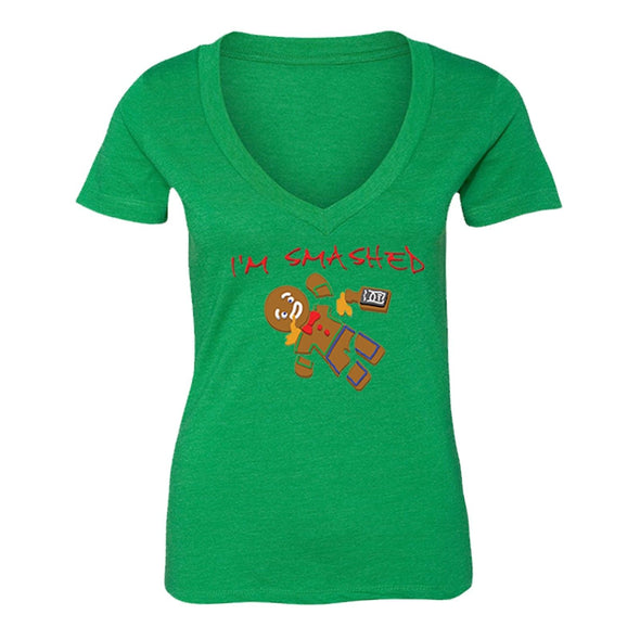 XtraFly Apparel Women's Gingerbread I'm Smashed Ugly Christmas V-neck Short Sleeve T-shirt