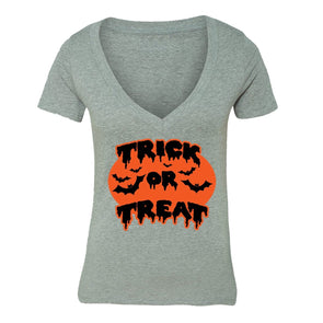 XtraFly Apparel Women's Trick or Treat Bats Halloween Pumpkin V-neck Short Sleeve T-shirt