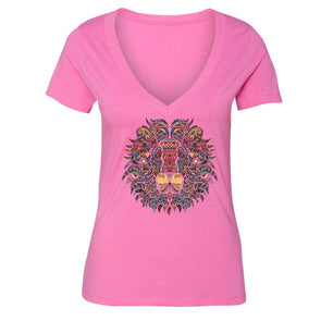 XtraFly Apparel Women's Lion Rasta Reggae Pink Tribal Animal V-neck Short Sleeve T-shirt