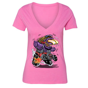 XtraFly Apparel Women's Purple Monster Hot Rod Car Truck Garage V-neck Short Sleeve T-shirt