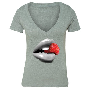 XtraFly Apparel Women's Strawberry Lips Novelty Gag V-neck Short Sleeve T-shirt