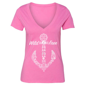 XtraFly Apparel Women's Wild Free Vacation Anchor Novelty Gag V-neck Short Sleeve T-shirt