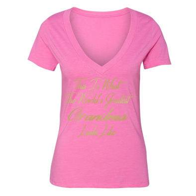 XtraFly Apparel Women's World's Greatest Grandma Mother's Day V-neck Short Sleeve T-shirt